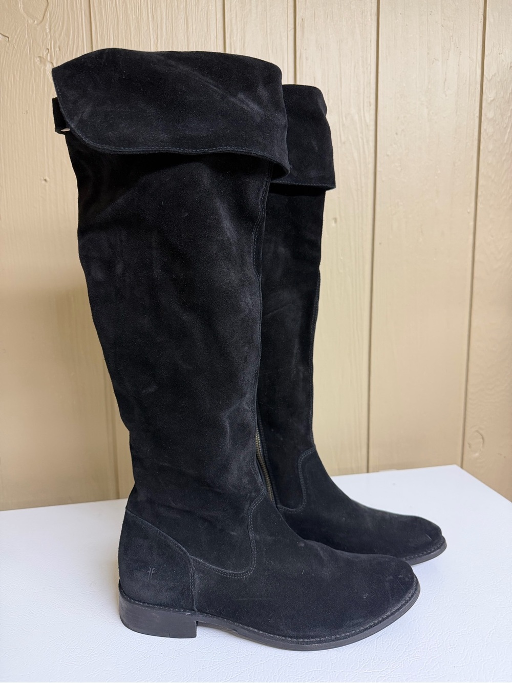 FRYE Women's Black Suede Over-the-Knee Fold-Top Boots
